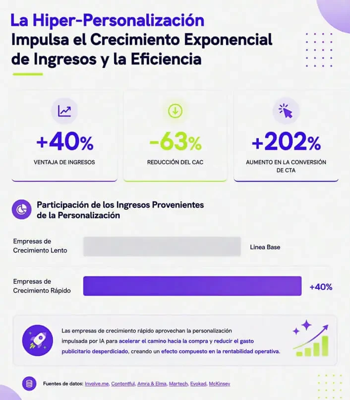 Infografía: la hiper-personalización impulsa el crecimiento de ingresos y la eficiencia, con un +40% de ventaja en ingresos, -63% de reducción del CAC y +202% de aumento en la conversión de CTA